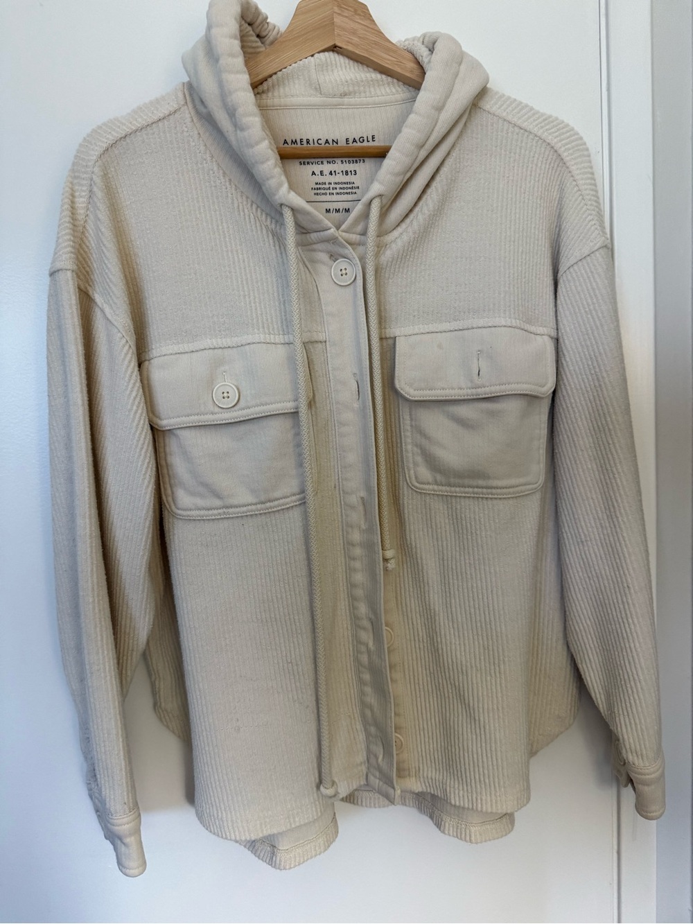 American Eagle Cream Oversized Ribbed Hoodie Jacket - M